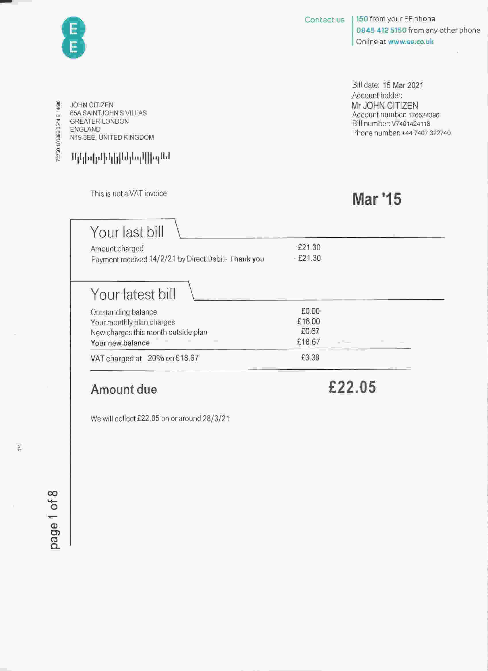 United Kingdom EE phone utility bill template, fully editable in PSD format
